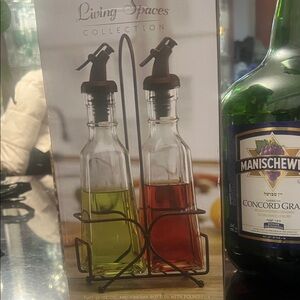 Living Spaces Clear Glass Oil & Vinegar Bottle Set with Brown Pourer Lids